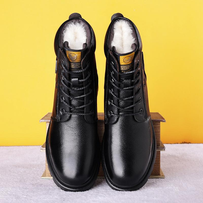 Cowhide and Fleece Martin Boots Men's Shoes Wool Cashmere British Casual Northeast High-top Cotton Shoes Leather Boots Men's Shoes Cargo Boots