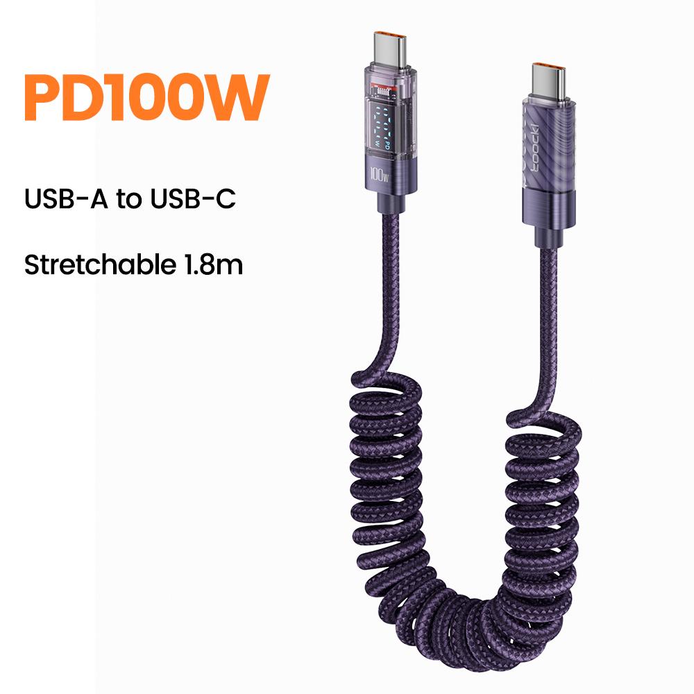 Кабель Toocki Type C на Type C 100 Вт с дисплеем, быстрая зарядка, USB C на USB C, прозрачный кабель PD для iPhone 15 Macbook