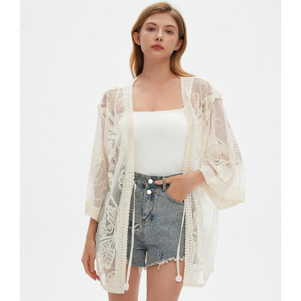 DIMANAF 2025 Лето Женщины Летучая мышь Пляжный кардиган V-образный вырез Футболка Базовый кружевной Новые модные топы кружевные футболки Повседневные свободные футболки