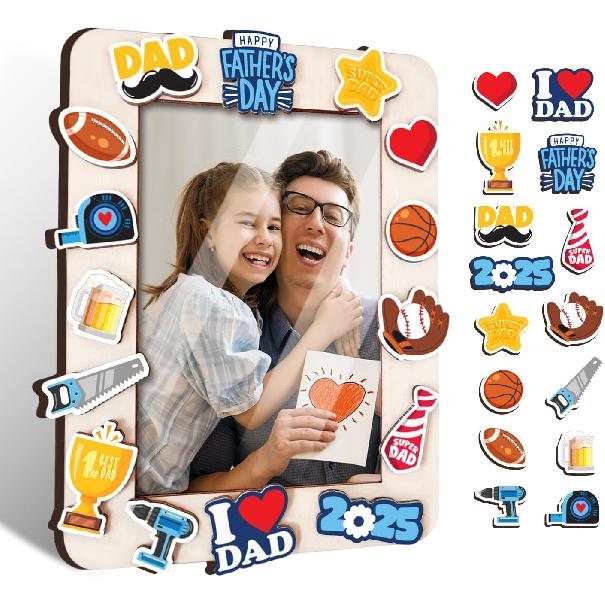 Fathers Day DIY Picture Frames Craft Kits - Unfinished Wood Frames with Wooden Charms - 4x6 Picture Frame Craft to Decorate for Kids - DIY Father's