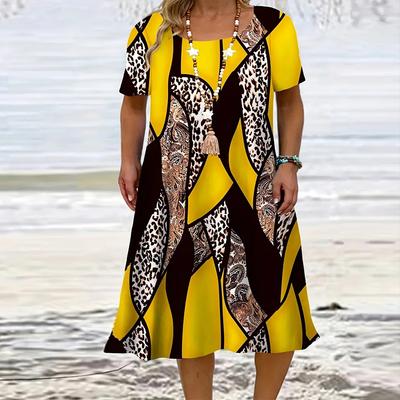Модное женское свободное платье с леопардовым принтом и коротким рукавом с принтом листьев, свободное уличное платье А-силуэта