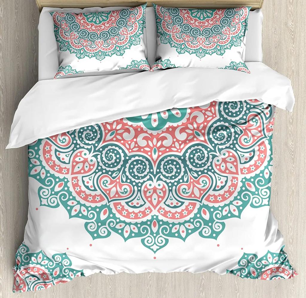 Henna Bedding Set Comforter Duvet Cover Pillow Shams South Asian Mandala Design with Vibrant Color Bedding Cover Double Bed Set