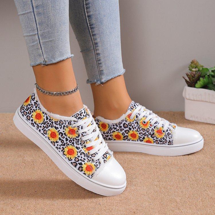 Fashion Women's Flat Canvas Shoes Casual Sunflower Printed Low Top Loafers Comfortable Slip On Sneakers Female Lace Up Vulcanized Shoes
