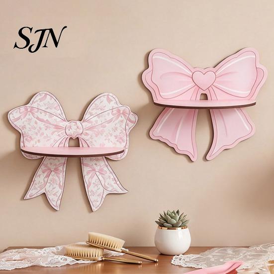 Minimalist Wall Shelves for Small Items Cute Pink Bow Wooden Shelf, Shaped Display Rack, Mount Sweet Style Decoration Storage Shelf Bedroom