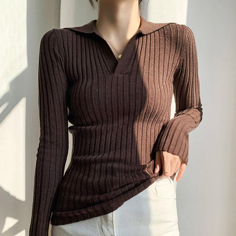 Autumn/winter Knitted T-shirt Women's Pullover Knit Sweater V-neck Polo Shirt Top Knitted Undershirt Women's Stretch Skinny Sweater Undershirt