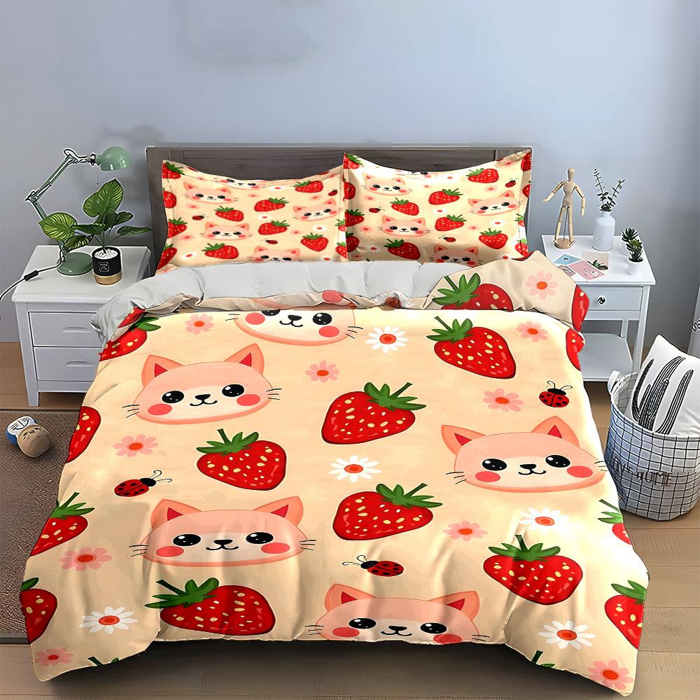 "Whimsical berries and kittens." Bedding sets Duvet covers Pillowcases(1* Duvet Cover 2* Pillowcases without duvet insert)