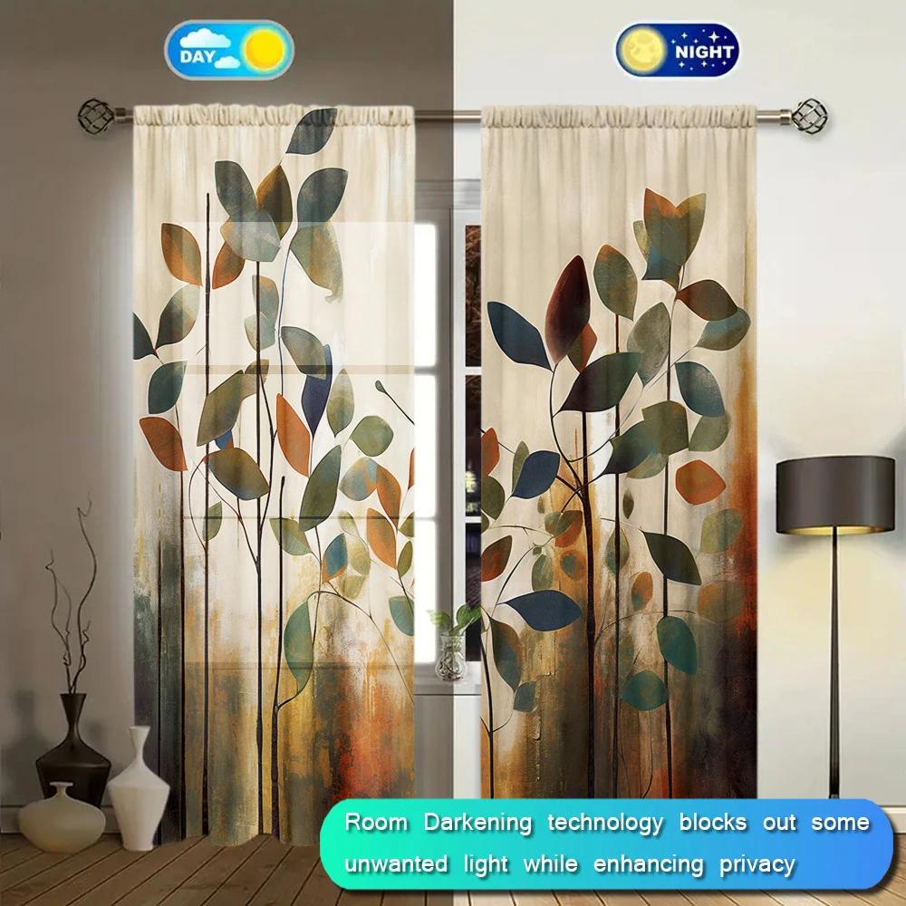 2pcs Art Leaves Printed Curtain for Home Decor - Rod Pocket Window Treatment for Bedroom, Office, Kitchen, Living Room,and Study