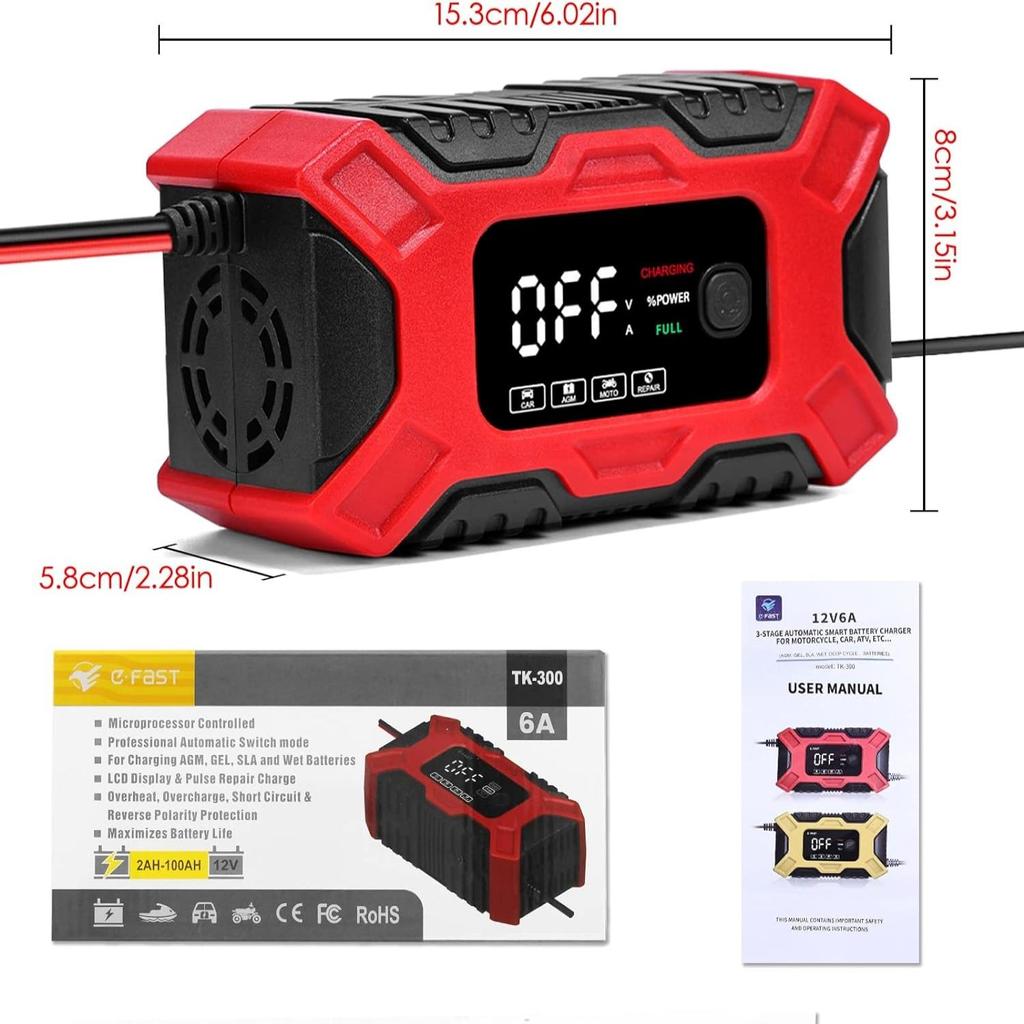 2024 12 В 6А Интеллектуальное автомобильное зарядное устройство Импульсный ремонт для внедорожников AGM Глубокий цикл гель Свинцово-кислотная быстрая умная зарядка