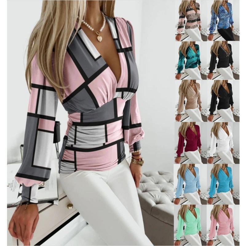 Women's Fashion Casual Spring Fall Solid Color Print Long Sleeve V-Neck Blouses & Shirts