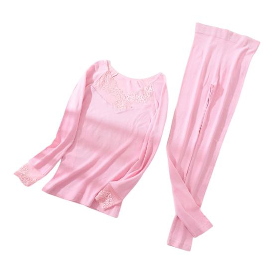 1 комплект женского термобелья, осенне-зимний кружевной V-образный вырез, длинный рукав, рубашка, длинные брюки