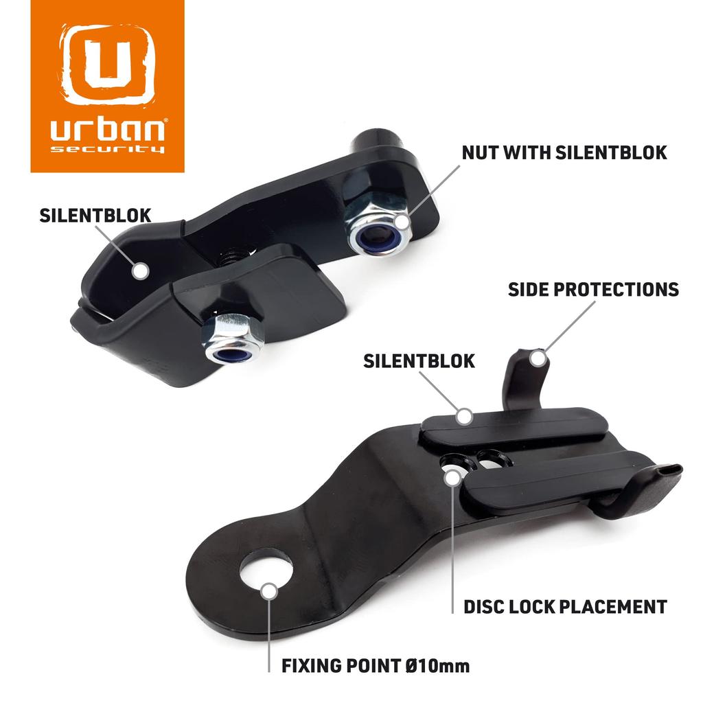 Urban UR352 Alarm Disc Lock with Transport Bracket for the Urban UR6 and Attaches To Motorcycle Screws or Tubes for Secure Transport of Locked Disc