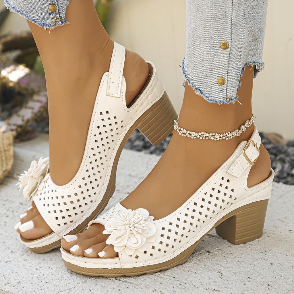 Hollowed-out Flower-shaped High Heels Fish-mouthed Sandals Women's Thick-heeled Shoes with Buttons At The Back and Flip-flops