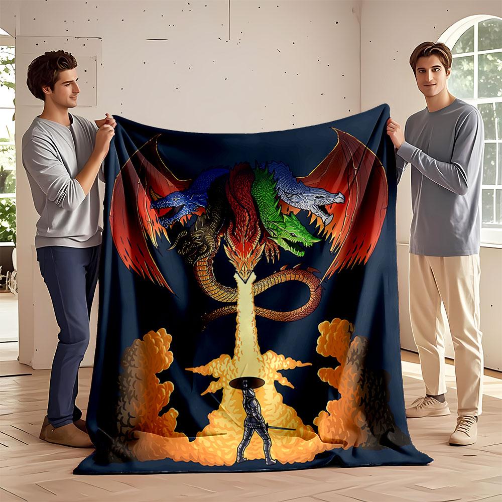 A five-headed dragon breathes fire at a lone warrior, creating smoke clouds. for all seasons blanket lunch break throw gift