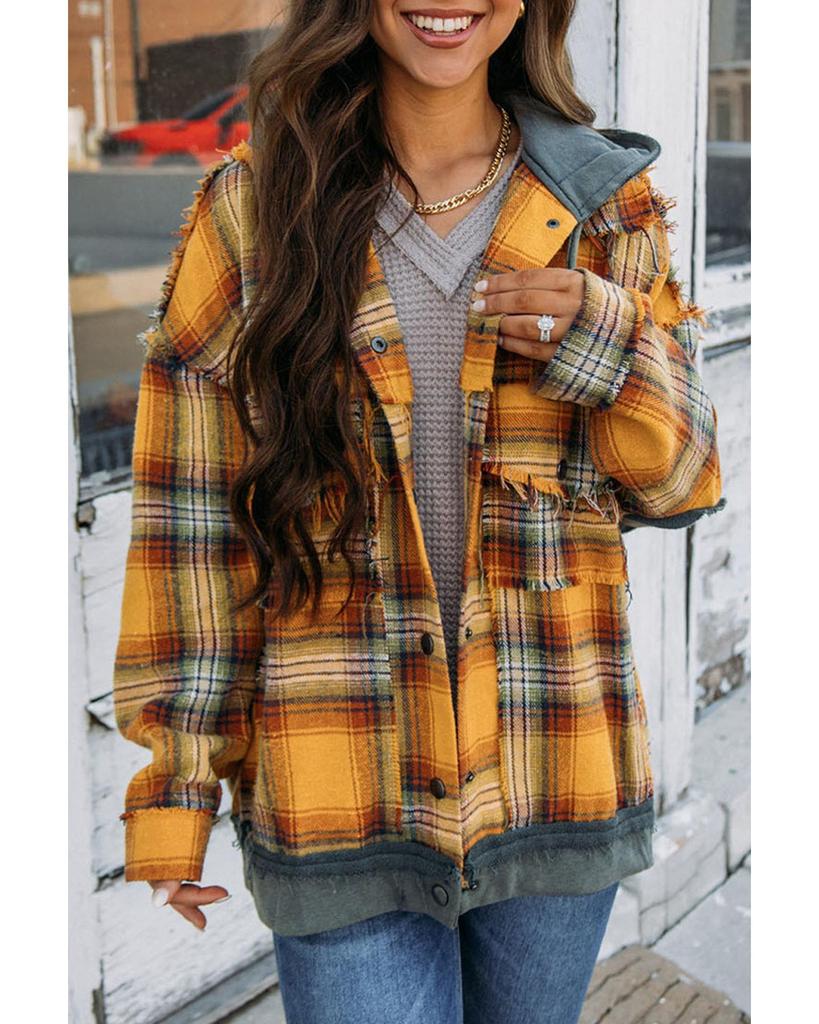 Azura Exchange Plaid Patch Hooded Frayed Snap Button Jacket
