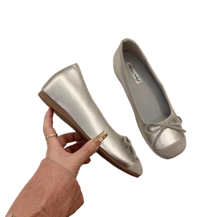 Французские ретро-туфли на мягкой подошве, серебристые женские туфли, осенние туфли, вечерние туфли с бантом, красные балетки