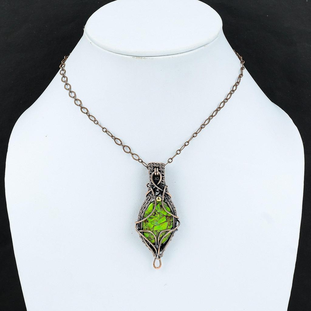 Медный Зеленый Бирюзовый Камень Подвеска Подвеска, Обмотанная Медной Проволокой Ручная Работа Ювелирные Изделия Абсолютно Новая Подвеска Подарок Для Нее Красивые Медные Ювелирные Изделия