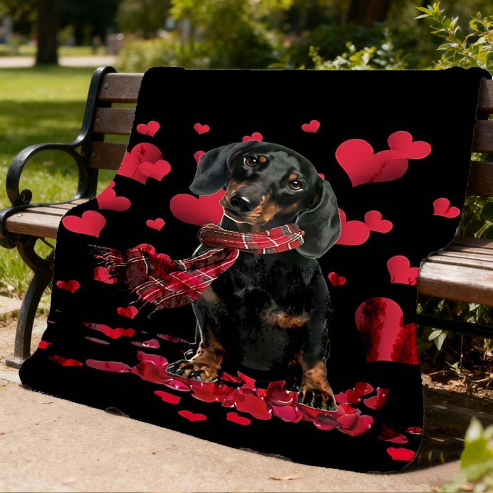 1pc Dachshund Scarf Heart Print Outdoor Blanket - Lightweight Flannel Throw For Travel, Camping, Livingroom, Couch, Chair yy251114209