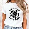 (Premium T-shirt)Funny Protect The Ocean Skip A Straw Save A Turtle Print T-Shirt Women Loose Short Sleeve Round Neck Top