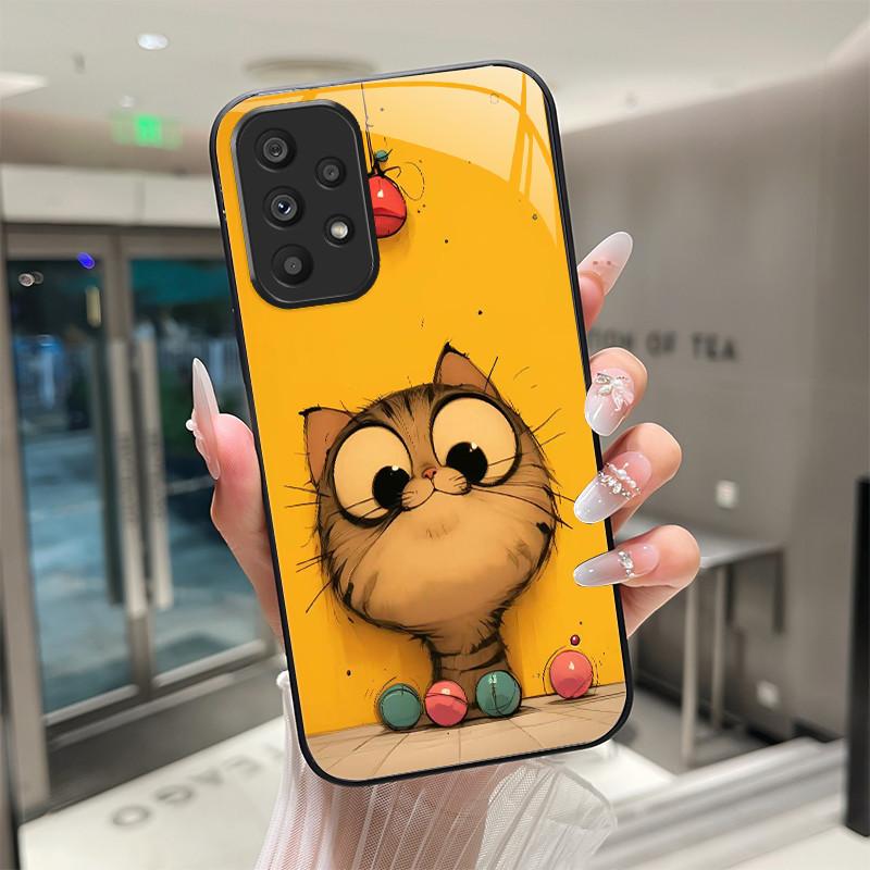 Cute Cartoon Cats Flower Case For Samsung Galaxy A52 A52S A72 4G 5G Tempered Glass Phone Case Protective Back Cover Hard Shell