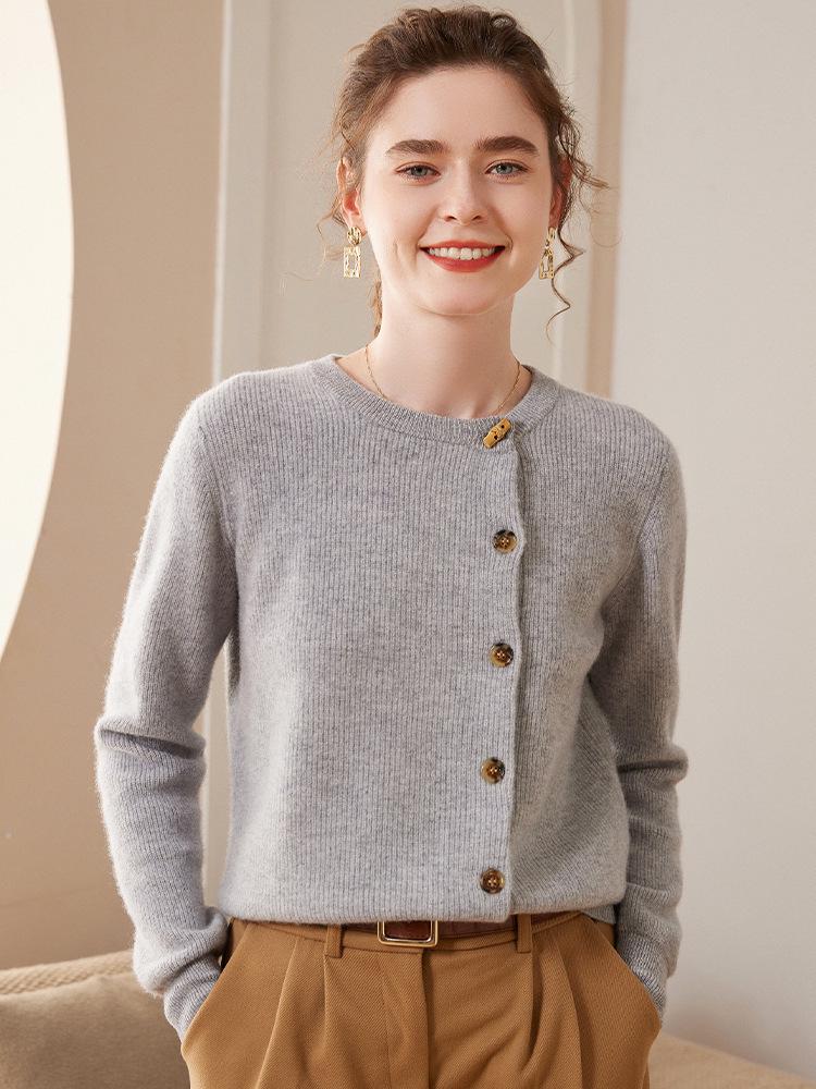 Women's Red Cashmere Round Neck Cardigan - Solid Color, Side Button, Loose, Slimming Knit Outerwear