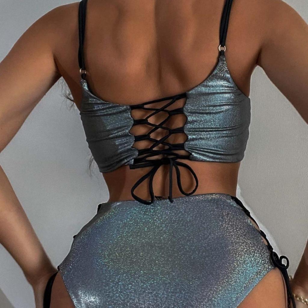 Women Sexy Triangle Split Bikini Suit Set Summer Tie Up Side G-String Thong Swimsuit Suspender Elastic Bikini