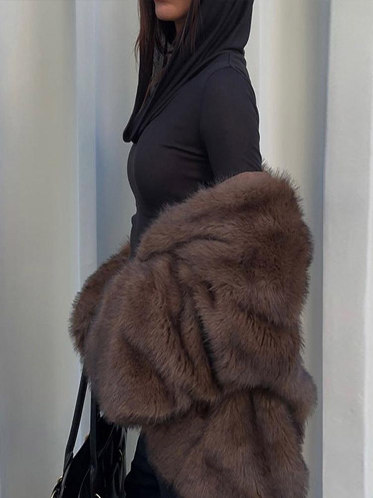 Однотонное плюшевое пальто с лацканами из искусственного меха - Удобная, теплая осенне-зимняя мода