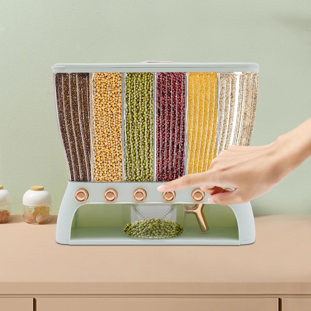 6-Grid Rice Storage Bin, Light Green Multigrain Container - 10kg Capacity, ABS Material - Dry Food Dispenser & Grain Organizer