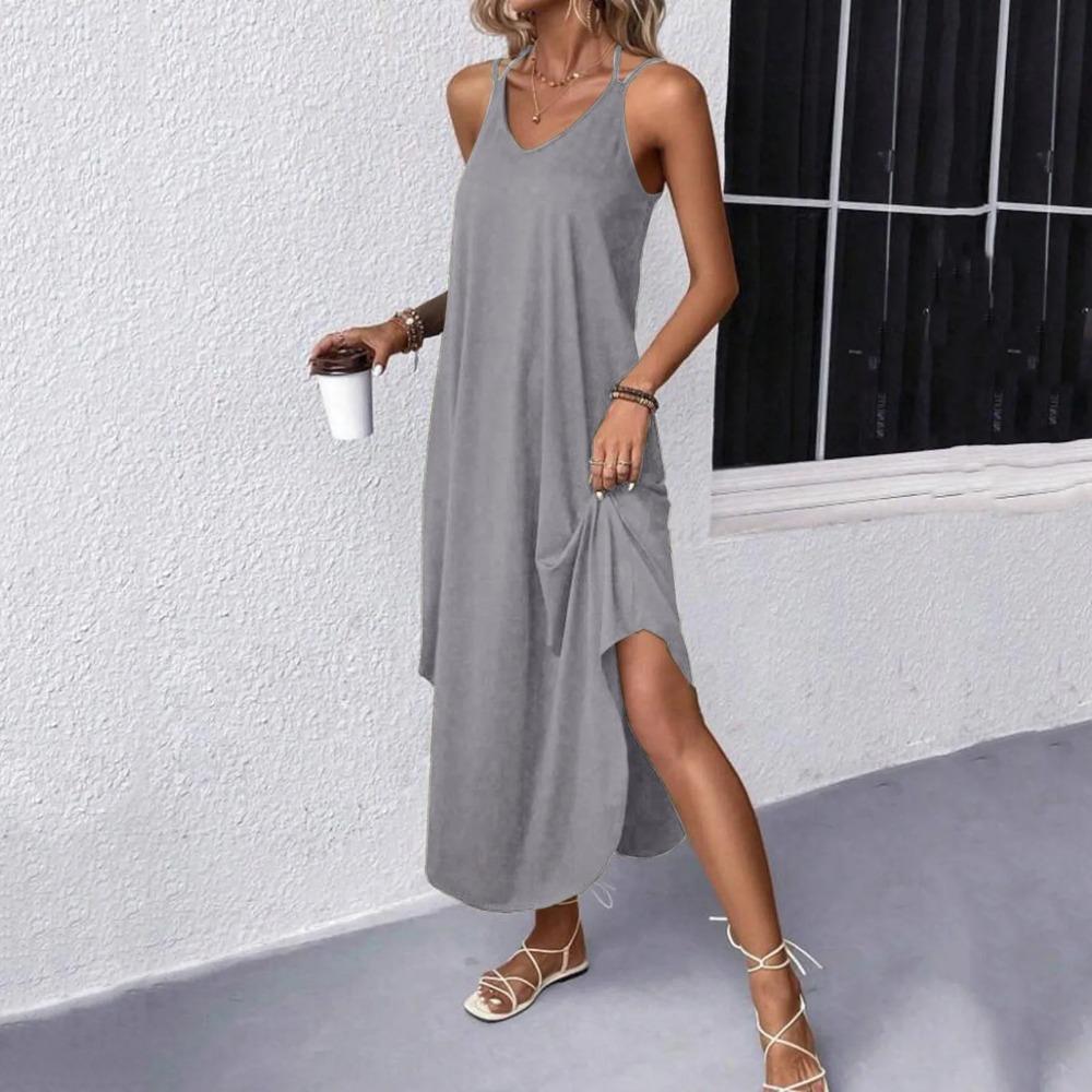 Женские струящиеся платья с закругленным подолом, летние, без рукавов, с V-образным вырезом, свободный крой, длинное платье на подтяжках, однотонные повседневные платья, новые