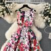 Summer Fashion Flower Vest Midi Dress Women's Sleeveless O-Neck Tank Floral Print Slim A Line Ball GownWomen Dresses