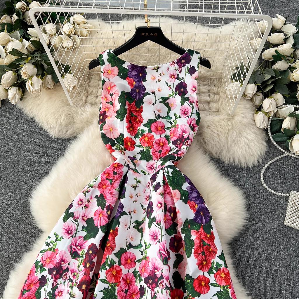 Summer Fashion Flower Vest Midi Dress Women's Sleeveless O-Neck Tank Floral Print Slim A Line Ball GownWomen Dresses