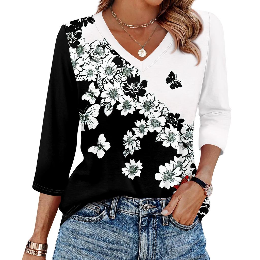 Женская футболка с принтом, рукав 3/4, повседневная мода на выходные, базовый топ с V-образным вырезом