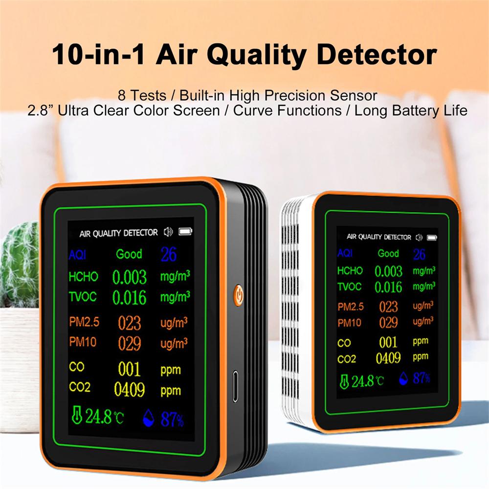 10-в-1 Монитор качества воздуха PM2.5 PM10 CO CO2 TVOC HCHO AQI Температура Влажность и Отображение Графика Тестер CO2-метра 2,8-дюймовый Дисплей