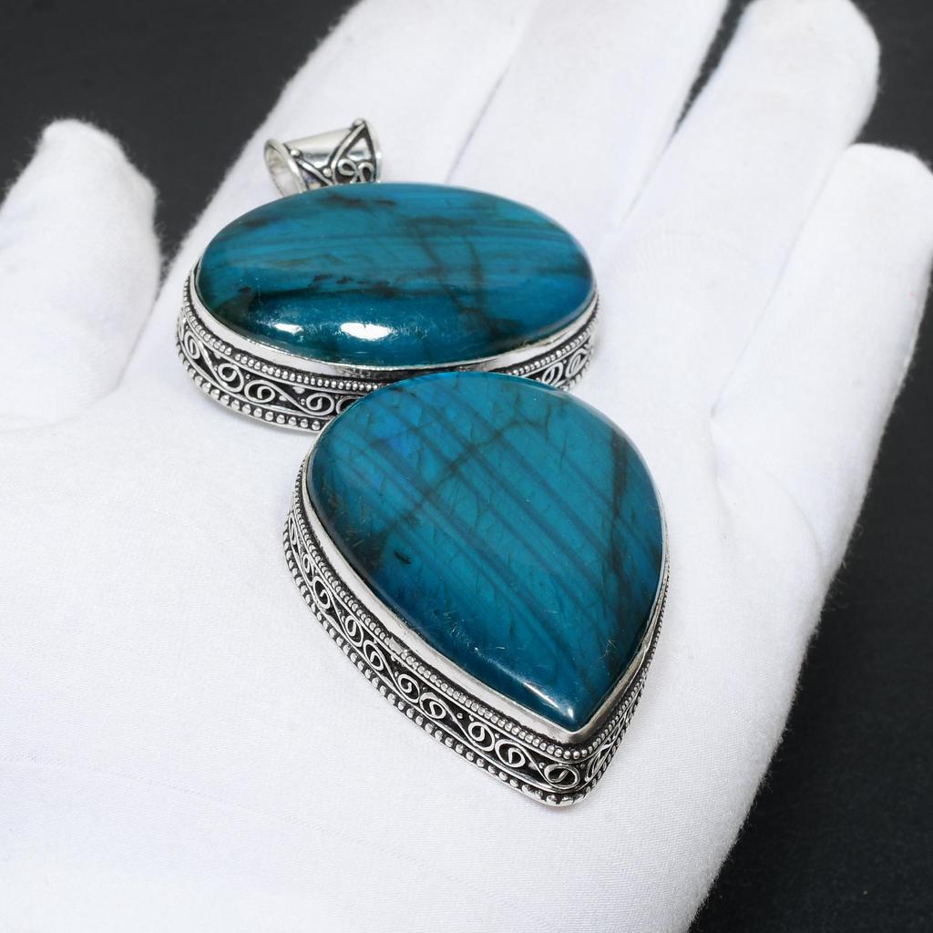 Синий цветной лабрадорит, драгоценный камень, кулон ручной работы из стерлингового серебра 925 пробы, антикварный двойной кулон с драгоценным камнем для подарков