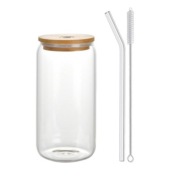 Trendy Mason Jar Tumbler Glass Straw Cup with Wood Lid for Cold Drinks 500ml Borosilicate Cup for Soda & Bubble Tea