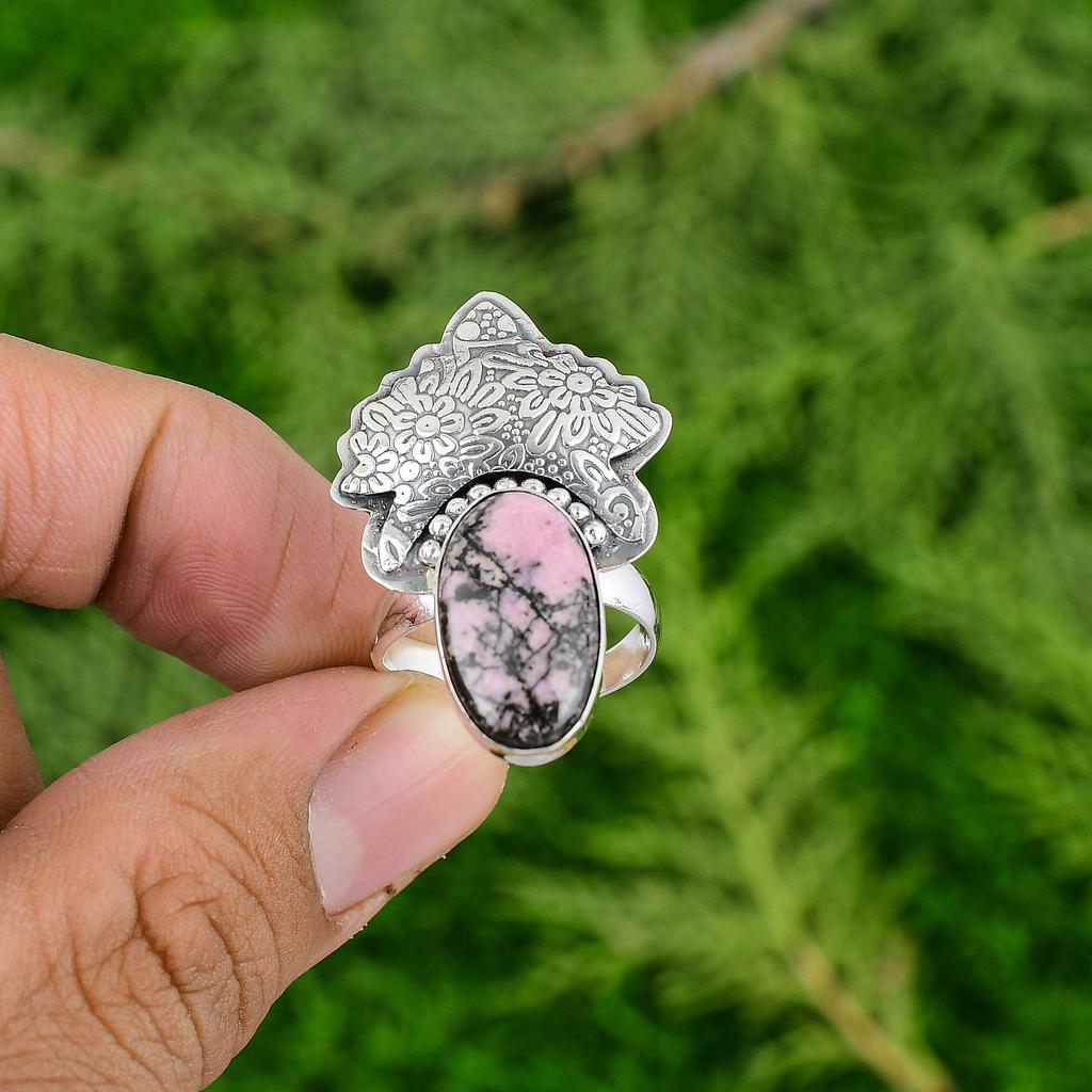 925 Silver Natural Rhodonite Boho Bezel Statement Handcrafted Wife Ring Jewelry