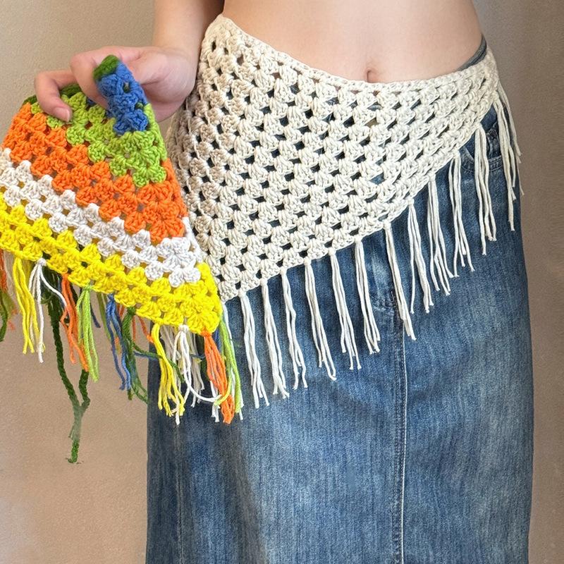 Ажурная треугольная косынка ручной вязки, богемный тюрбан, шарф для волос, многофункциональное использование, этнический стиль, пояс, декор