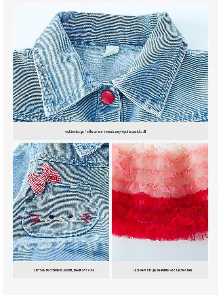 Spring Girls' Cat Denim Princess Dress Set - Baby Puffy Skirt Two-Piece