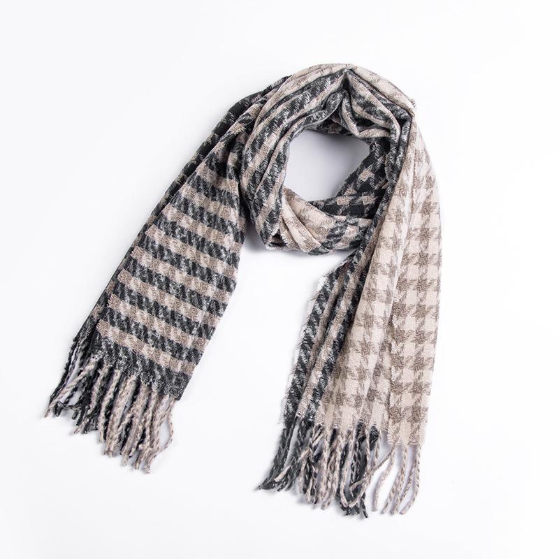Autumn Winter Scarf Brown Houndstooth Scarf Women's Tassel Shawl