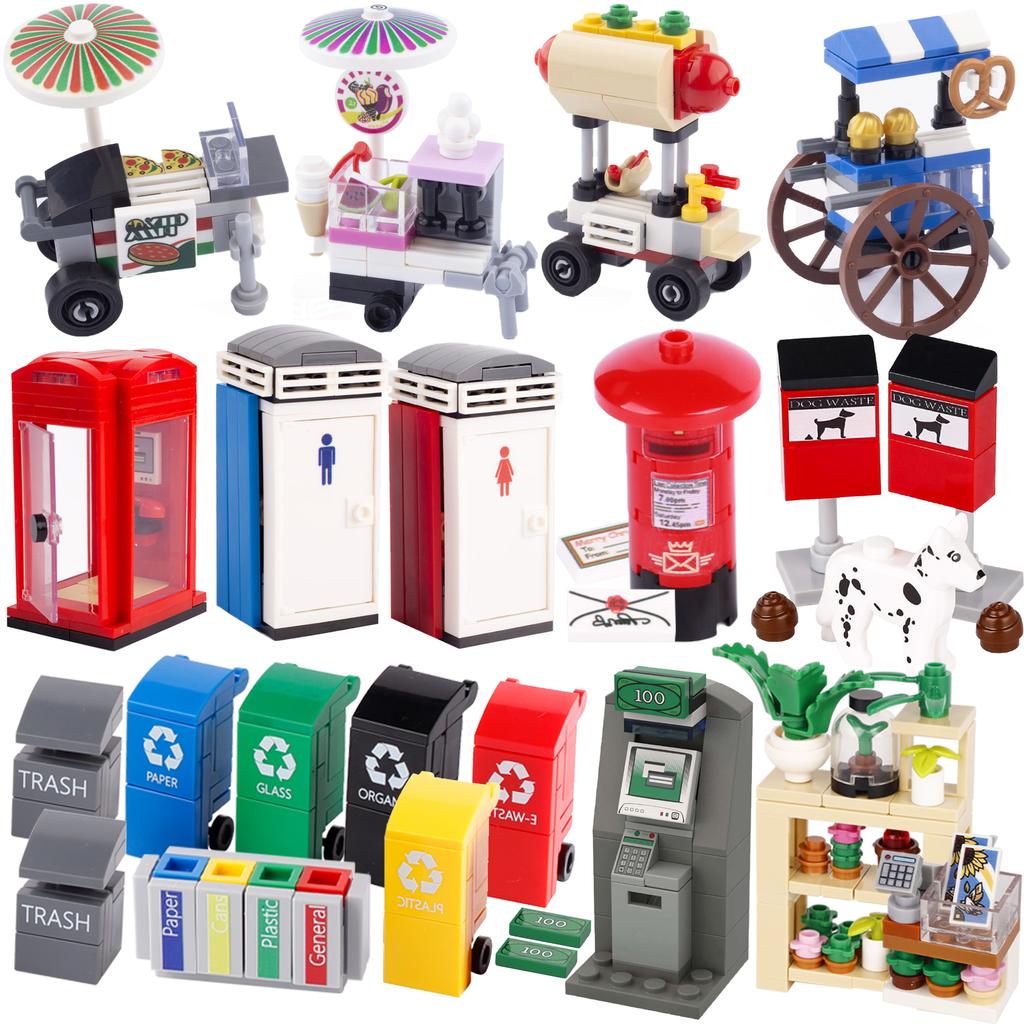 City Food Street View Vendor Hot Dog Roadside Stand Building Blocks Ice Cream Newsstand Flower Shop Trash Can Toilet Bricks Toys