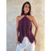 Purple Halter Mesh Ruffled Off Shoulder Sleeveless Sexy Women Casual Top