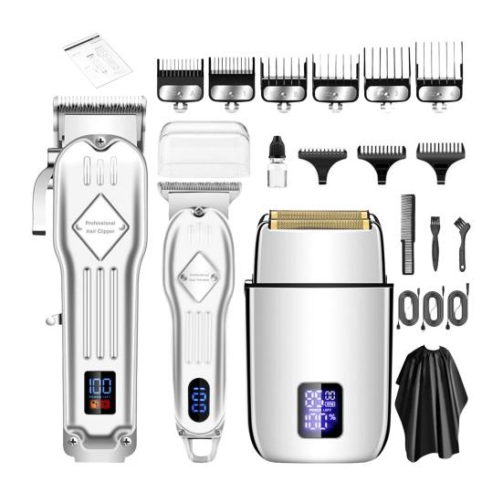 Мужской комплект машинки для стрижки волос 3 в 1, беспроводной набор для стрижки, электробритва, триммер для бороды, лезвия из нержавеющей стали, ЖК-дисплей, USB-кабели для зарядки, бритва