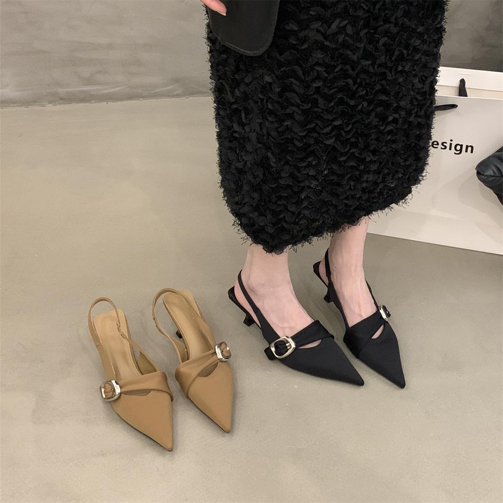 Black Bag Head Sandals Thin Heels Women's Shoes New Temperament Socialite Pointed Head Shallow Mouth High Heel Empty Shoes