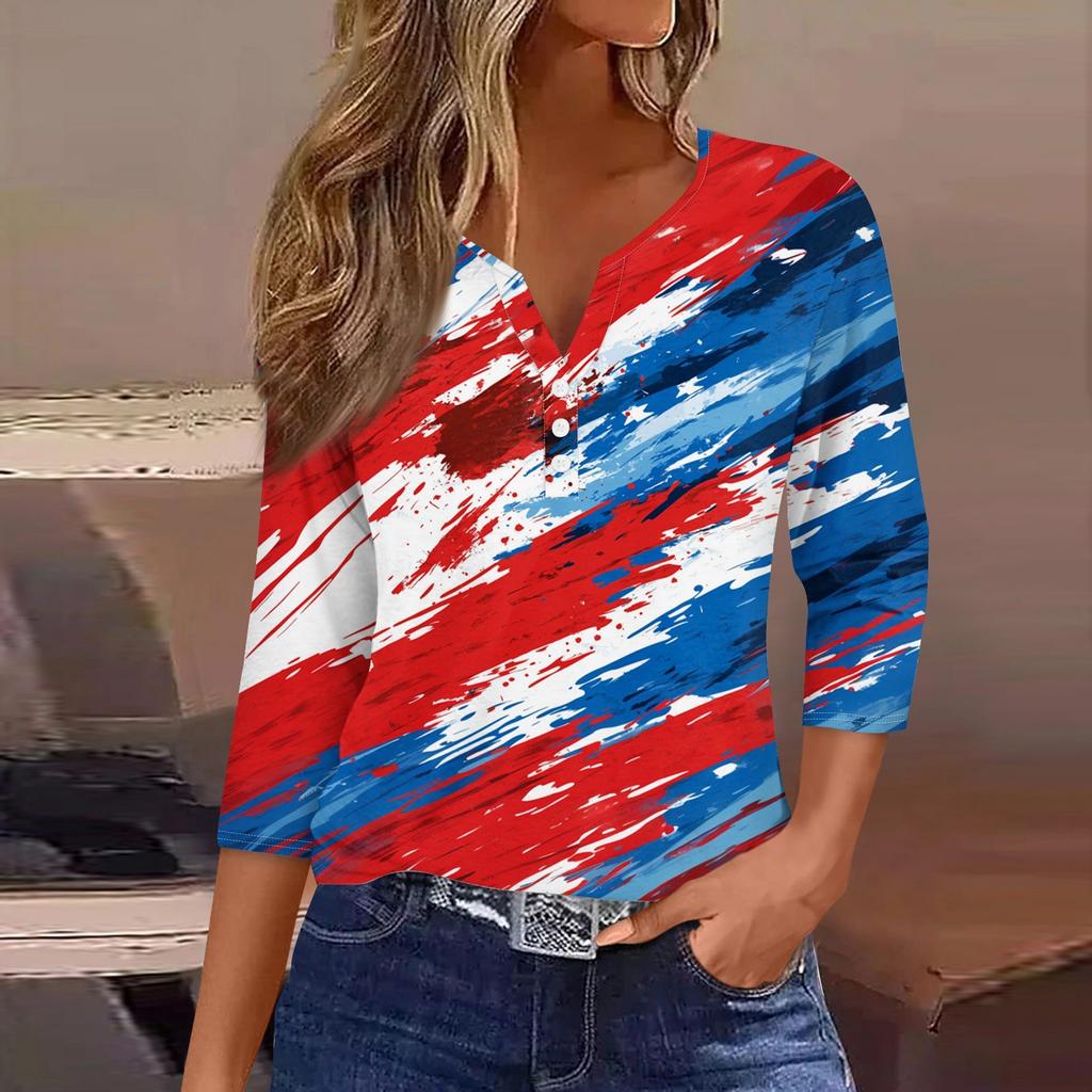 Women's T Shirt Print Button 3/4 Sleeve Daily Weekend Fashion Basic V- Neck Regular Top