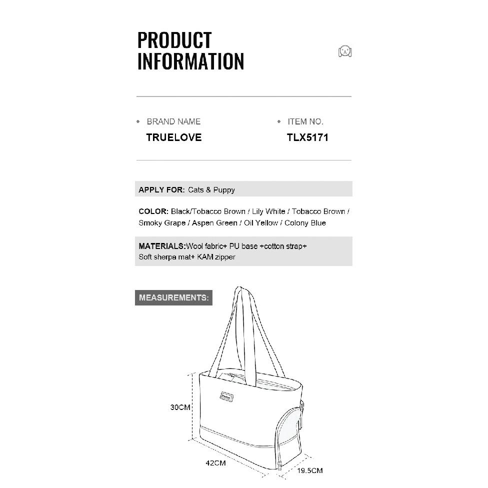Truelove Pet Restraint Bag Travel Bags Hand Carrying Wool Fabric KAM Zipper Fashion Pet Carrier Bags for Cat Dog Subway TLX5171