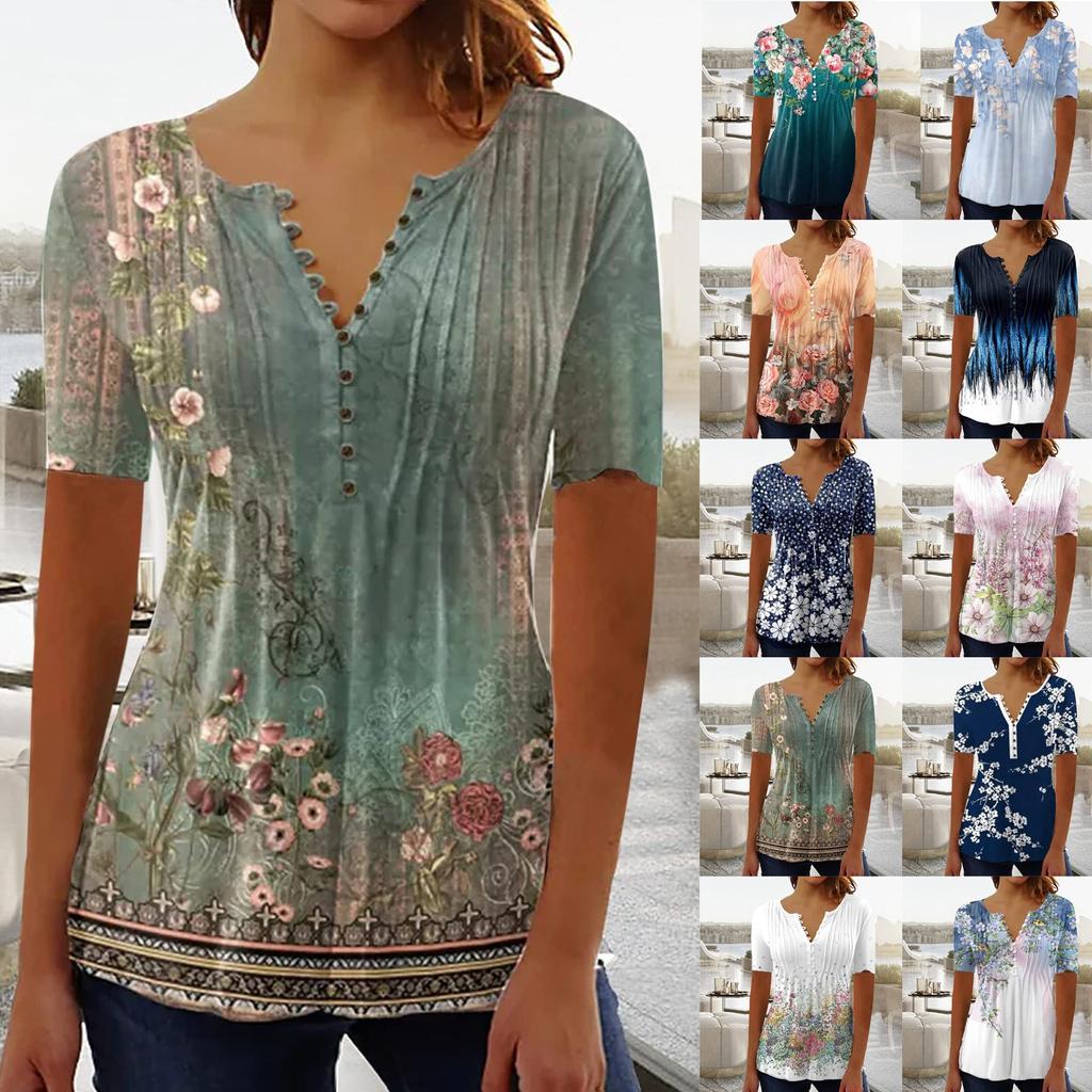 Color Block Tunic Tops For Women Floral Print Crewneck Casual Blouse Buttons Pleated Short Sleeve Loose Pullover Shirt