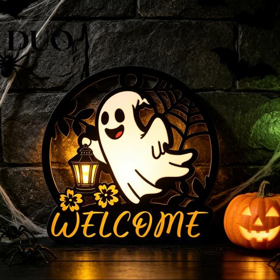 Hollow Wooden Hanging Signs Halloween Ghost Pumpkin Round Welcome Door Hanger, Wall Plaque Decorative Props for with Rope, Decor Front Living