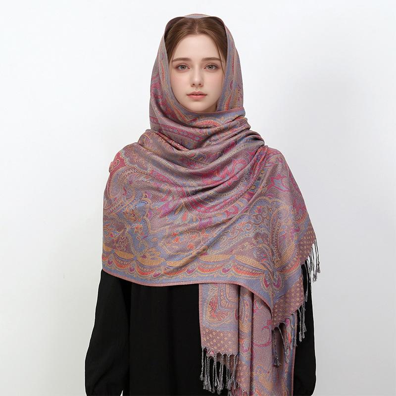 Autumn And Winter Baolian Lamp Warm Shawl Imitation Cashmere Belt Beard Long Towel Ethnic Style Cashew Jacquard Scarf