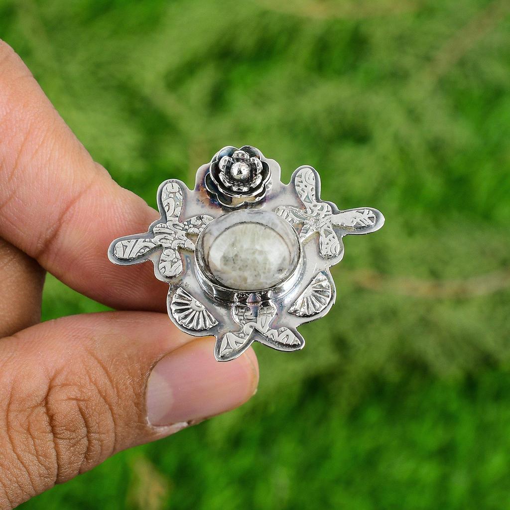 Natural Orthoceras Fossil Solitaire Flower Adjustable Ring 925 Silver