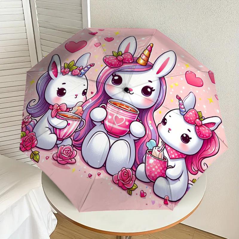 1pc Unicorn Bunny Tea Party Umbrella with Plastic Handle,Suitable for All Seasons Home Travel Outdoor UmbrellaDD906