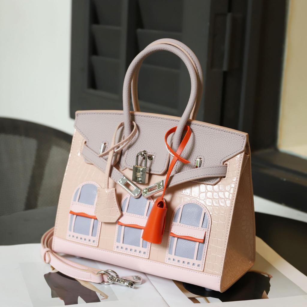 Cowhide Crocodile Contrast Color Platinum Shoulder Handbag - Genuine Leather Women's High-End Messenger Bag